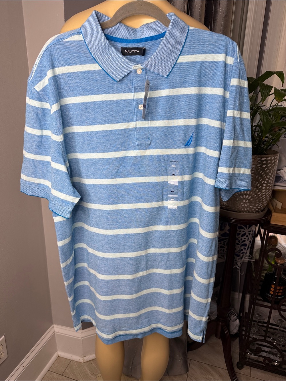Nautica Men’s Sz XXl Light Blue and White Striped Polo Shirt NWT